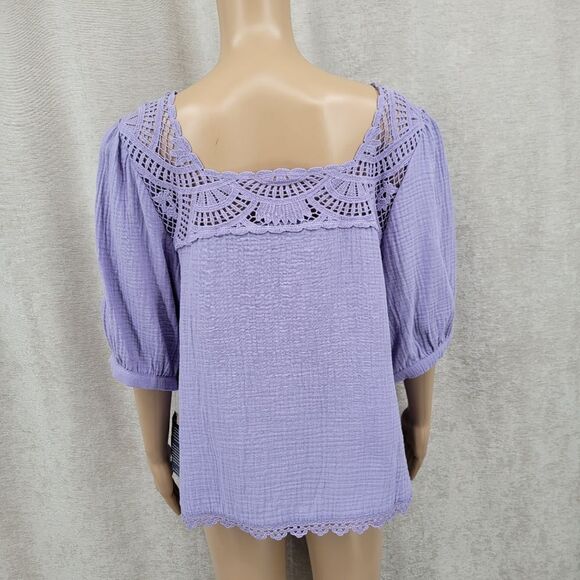 Democracy Cotton Woven Crochet Square Neck Short Bubble Sleeve Scallop Hem Top - Picture 6 of 13